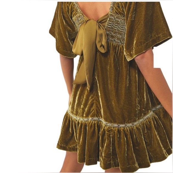 Free People Olive Green Easy To Love Mini Dress Velvet Short Sleeve Size… - Picture 3 of 13